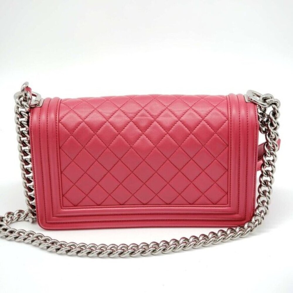 Authentic Chanel Boy Bag Red Quilted Leather Medium Flap Silver Chain CC Logo - Picture 4 of 16